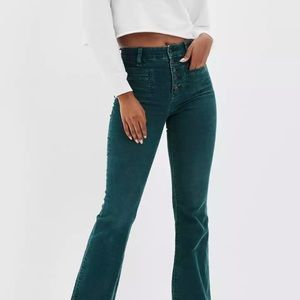 AE green stretch corduroy flare super high waisted